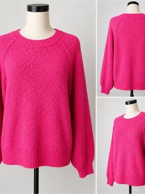Umgee Hot Pink NWT Textured Bouclé Sweater Size M | Crew Neck Long Sleeve